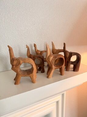 Set of 6 Hand Carved Wooden Elephant Napkin Rings Vintage Safari Decor